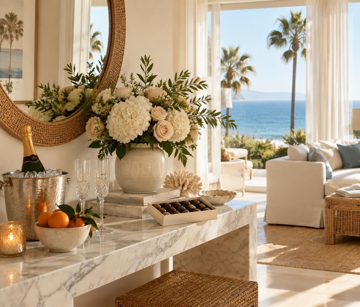 Welcome package with champagne, flutes, flowers, and chocolates on a coastal kitchen counter